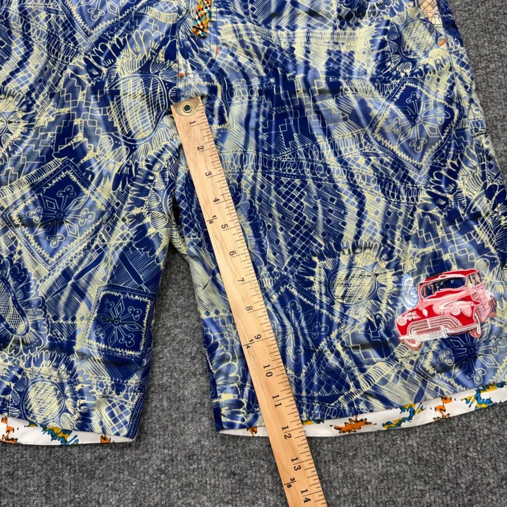 Robert Graham Mens Blue Yellow Geometric Vintage Car Swim Trunks Board Shorts 32